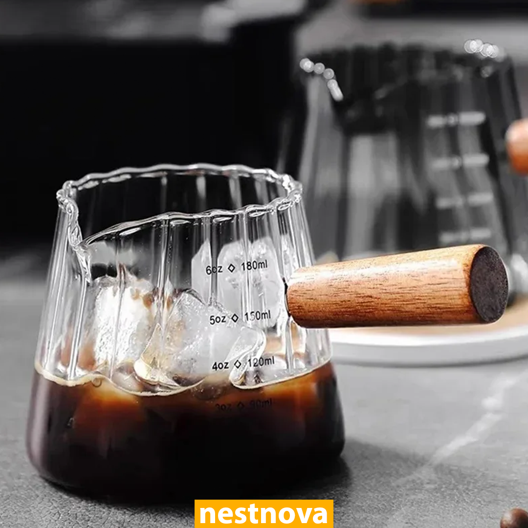 180ml Heat-Resistant Glass Espresso Measuring Cup with Wooden Handle – Precision Coffee Brew Pitcher