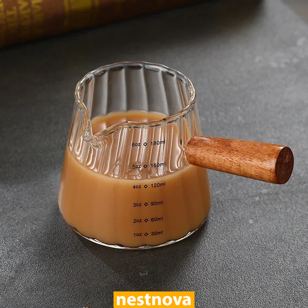 180ml Heat-Resistant Glass Espresso Measuring Cup with Wooden Handle – Precision Coffee Brew Pitcher