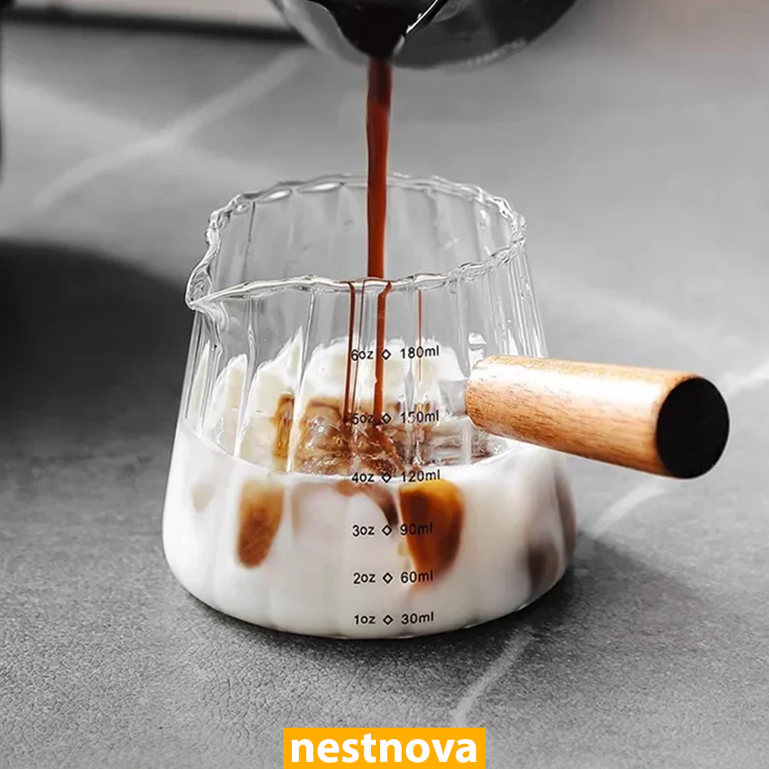 180ml Heat-Resistant Glass Espresso Measuring Cup with Wooden Handle – Precision Coffee Brew Pitcher