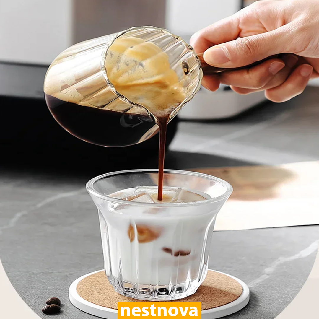 180ml Heat-Resistant Glass Espresso Measuring Cup with Wooden Handle – Precision Coffee Brew Pitcher