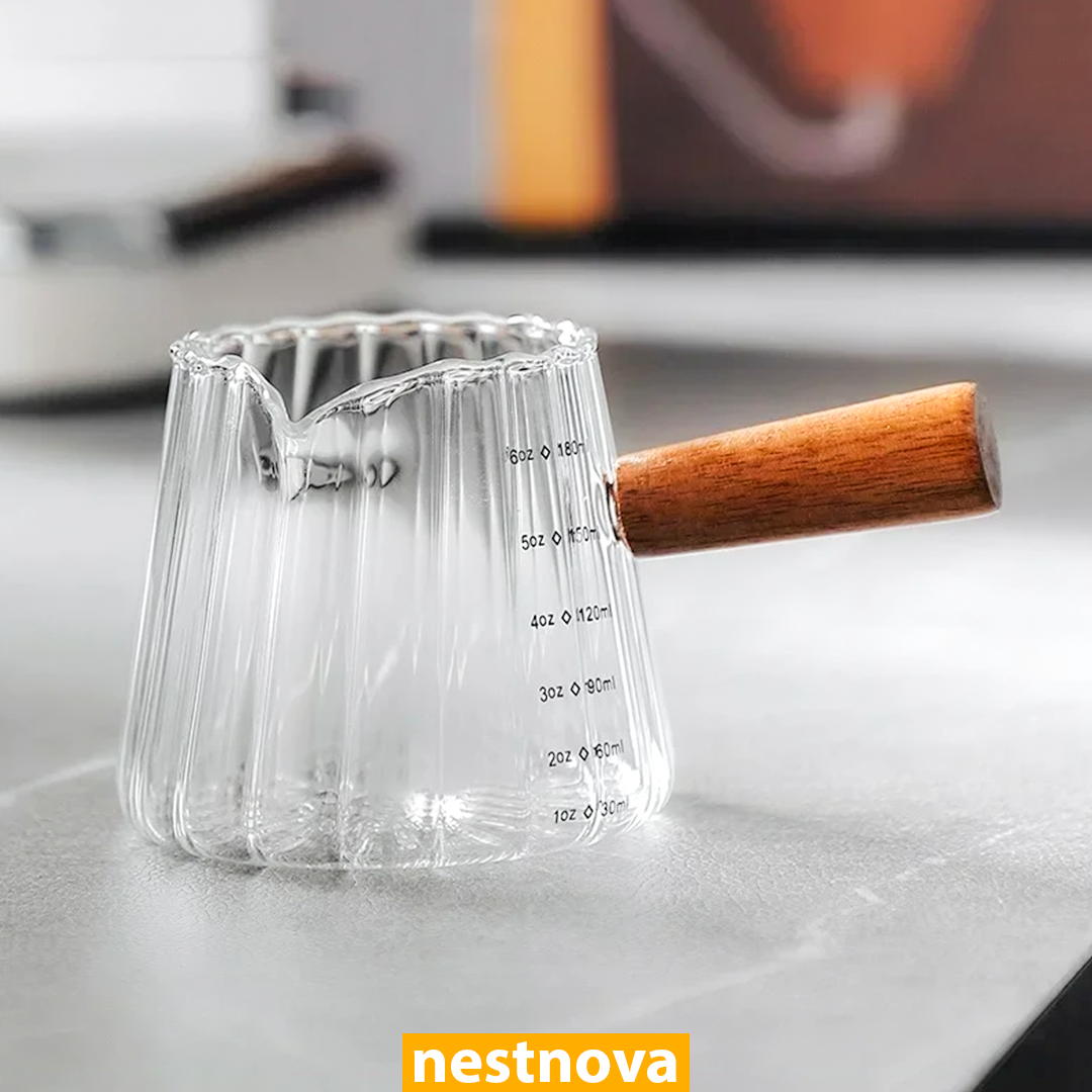 180ml Heat-Resistant Glass Espresso Measuring Cup with Wooden Handle – Precision Coffee Brew Pitcher