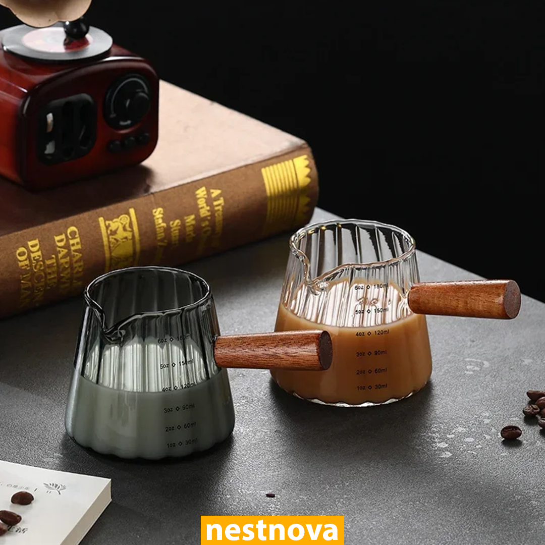 180ml Heat-Resistant Glass Espresso Measuring Cup with Wooden Handle – Precision Coffee Brew Pitcher