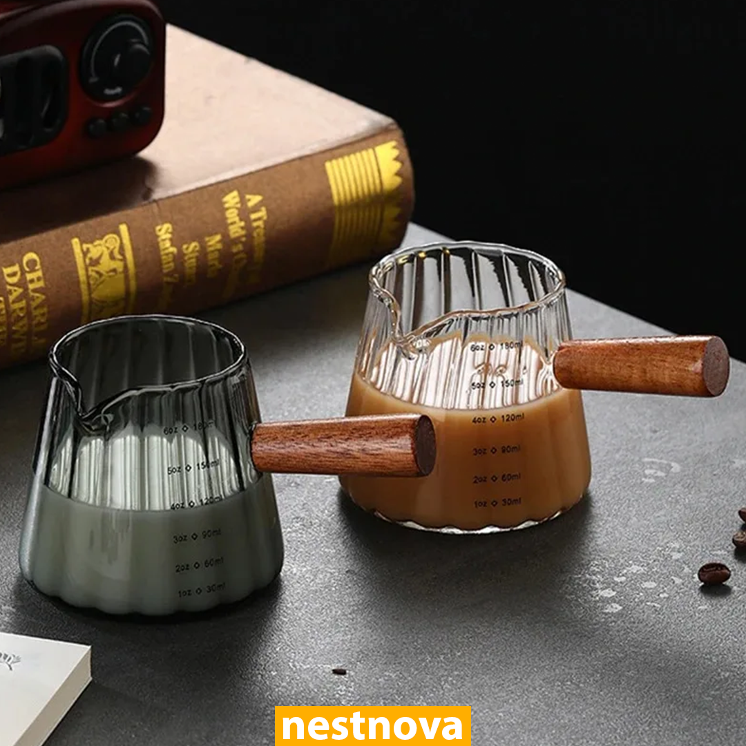 180ml Heat-Resistant Glass Espresso Measuring Cup with Wooden Handle – Precision Coffee Brew Pitcher