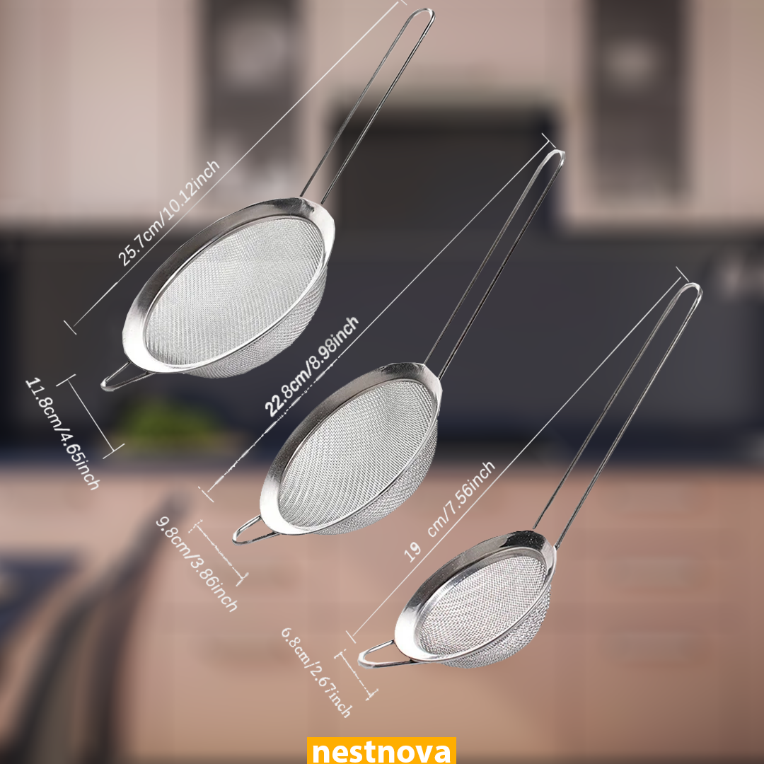 3-Piece Stainless Steel Fine Mesh Strainer Set – Multipurpose Kitchen Sieve for Tea, Flour, and More