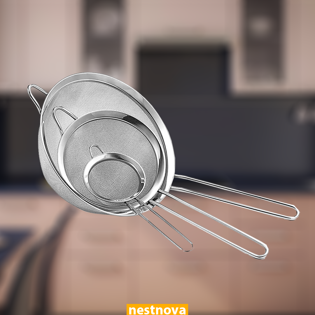3-Piece Stainless Steel Fine Mesh Strainer Set – Multipurpose Kitchen Sieve for Tea, Flour, and More