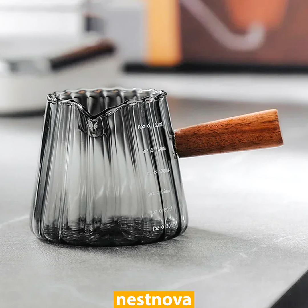 180ml Heat-Resistant Glass Espresso Measuring Cup with Wooden Handle – Precision Coffee Brew Pitcher