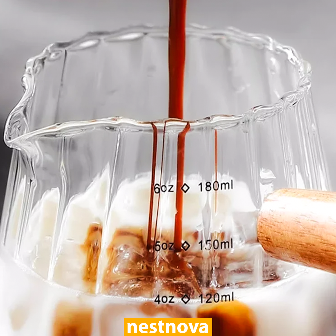 180ml Heat-Resistant Glass Espresso Measuring Cup with Wooden Handle – Precision Coffee Brew Pitcher