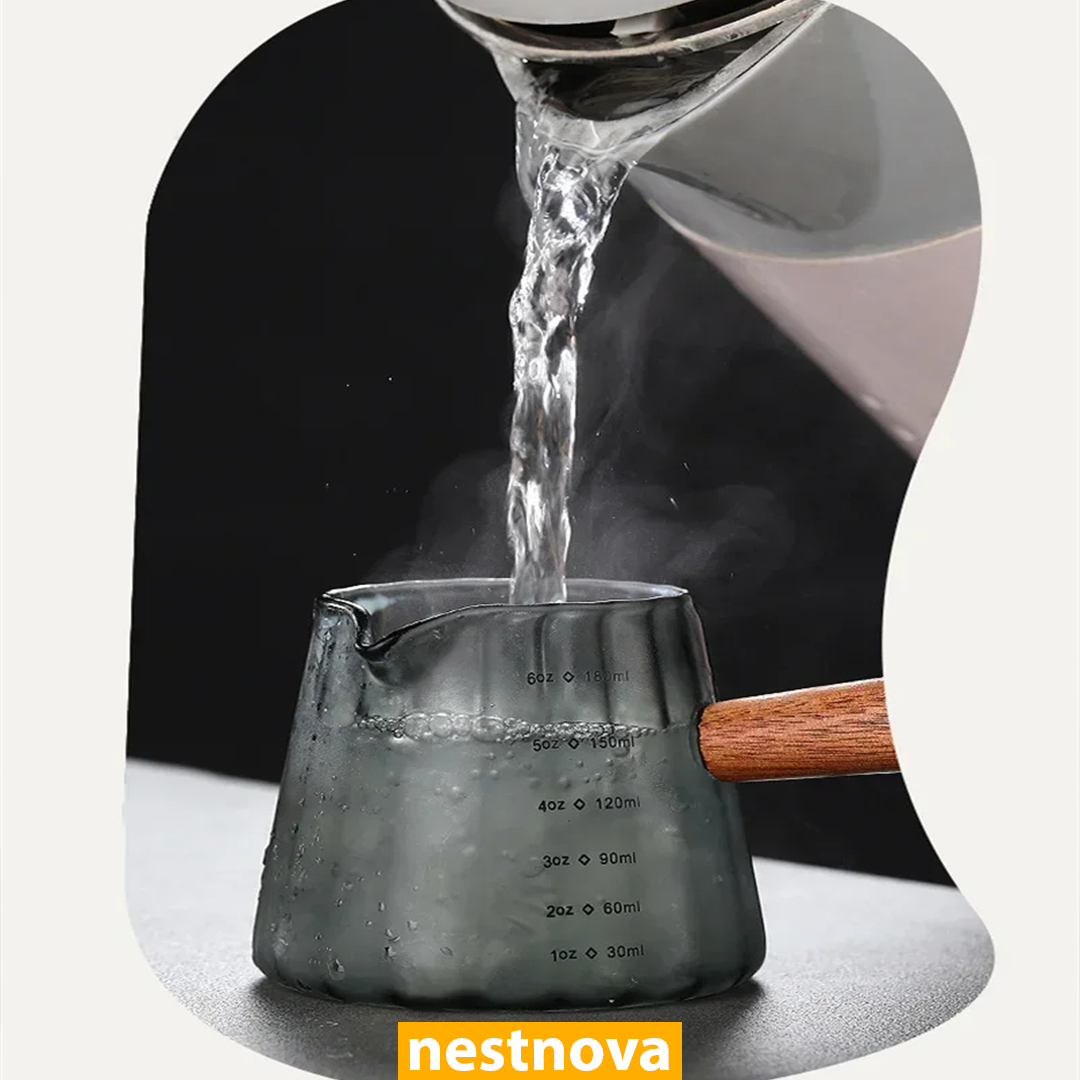 180ml Heat-Resistant Glass Espresso Measuring Cup with Wooden Handle – Precision Coffee Brew Pitcher